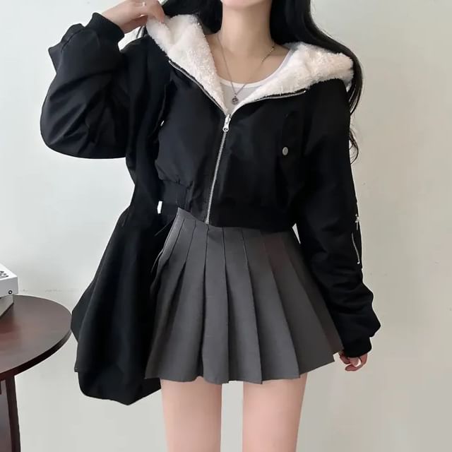 Janerium-Plain Hood Panel Fleece-Lined Crop Zip Bomber Jacket