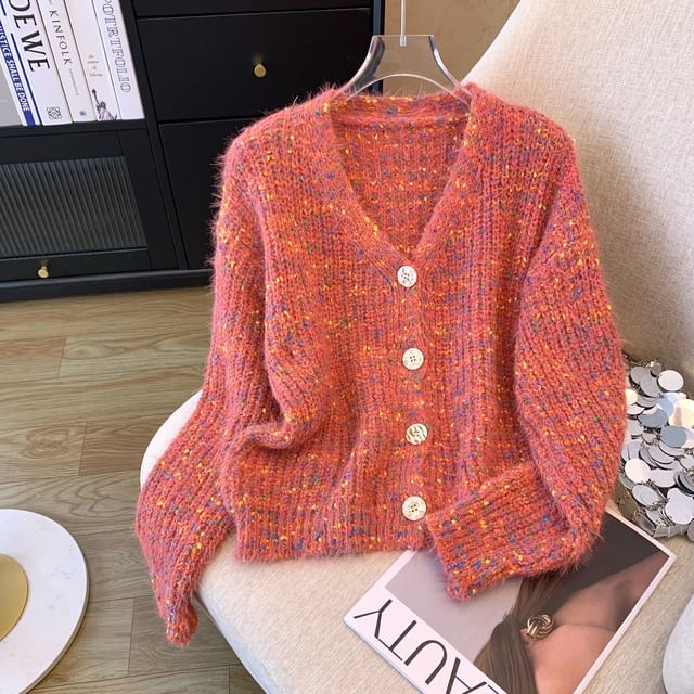 Dragan Pulse-V-Neck Melange Button-Up Crop Cardigan
