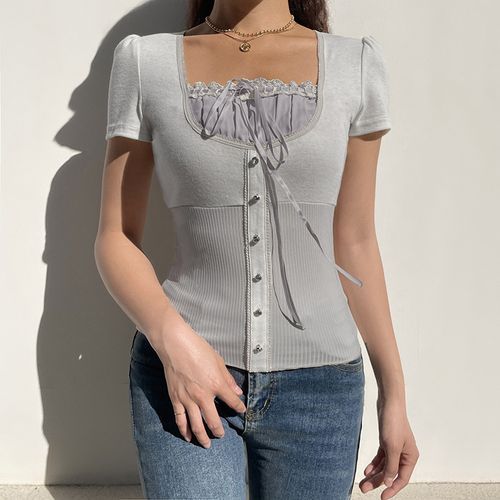 トップス LACE SQUARE HEART NECK SHORT SLEEVE GREY Kleidungly Women Solid Color Lace Trim Tops Short Sleeve