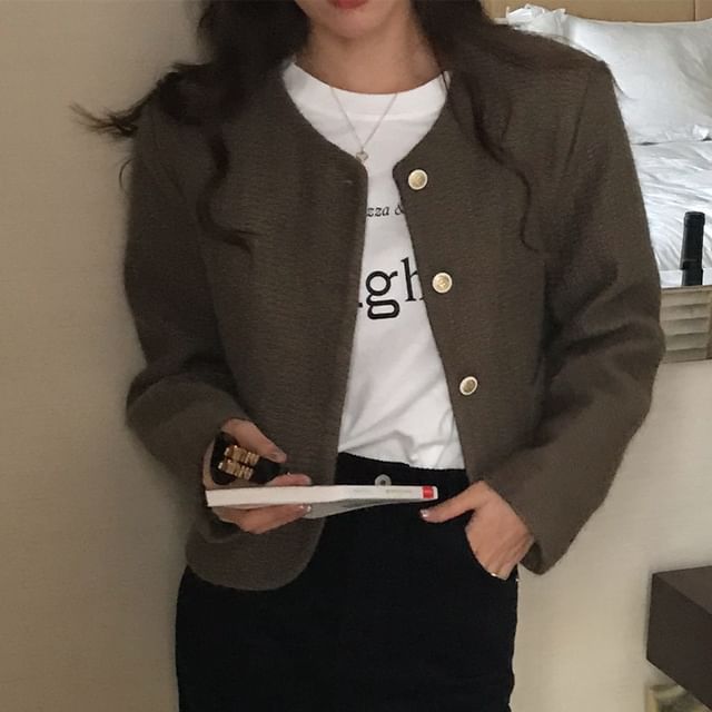 Jesong-Round Neck Plain Button Jacket