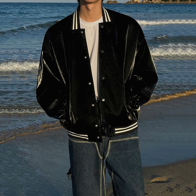 MRCYC-Striped Faux Leather Single-Breasted Baseball Jacket