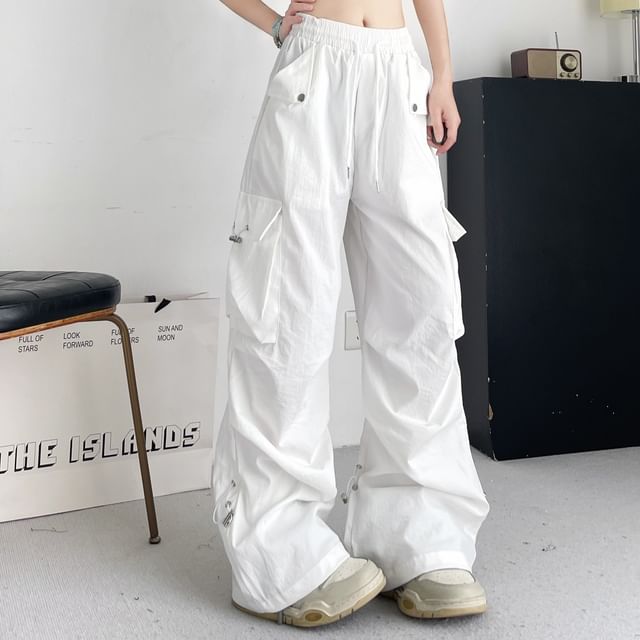 Kenning-Drawstring Waist Plain Wide Leg Cargo Pants