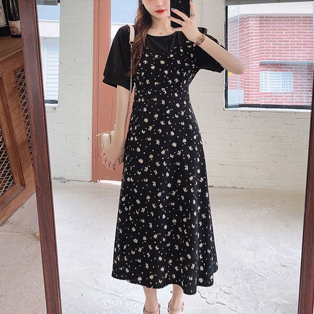 Parimoske - Short-Sleeve Mock Two-Piece Panel Floral Chiffon Dress