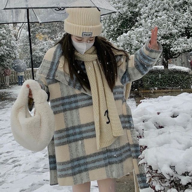 MIKIGA-Plaid Single-Breasted Coat