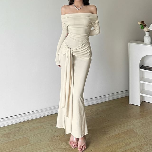 Autuna - Long-Sleeve Off-Shoulder Plain Tie Waist Slit Maxi Mermaid Dress |  YesStyle