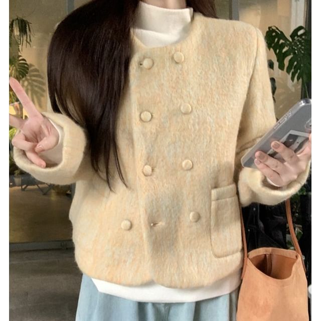 Trendycas-Round Neck Plain Double-Breasted Coat