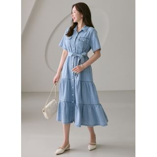 Styleonme Tiered Long Denim Shirtdress with Sash Sale