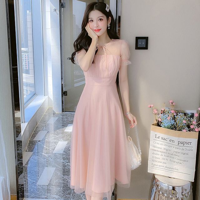 knee length dresses for ladies Ruffled Mesh Long Tie Front Midi Dress  New York & Company