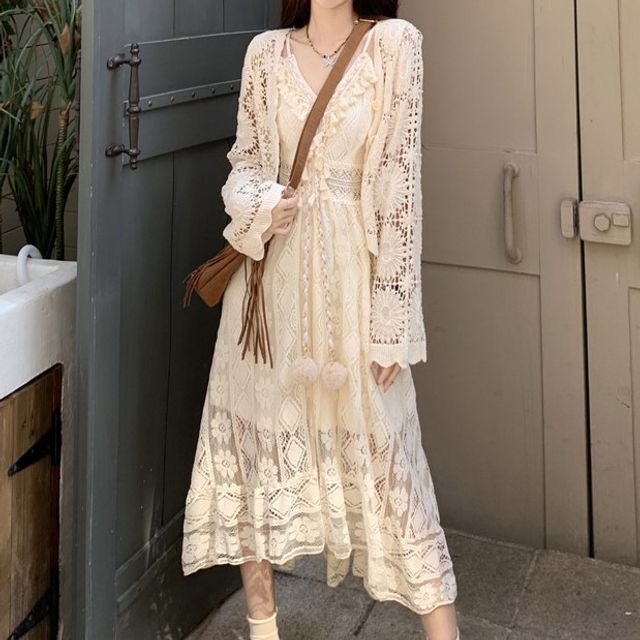 Shinsei - Spaghetti Strap V-Neck Fringed Mesh Midi A-Line Dress / Crochet  Knit Cardigan / Floral Button-Up Vest | YesStyle
