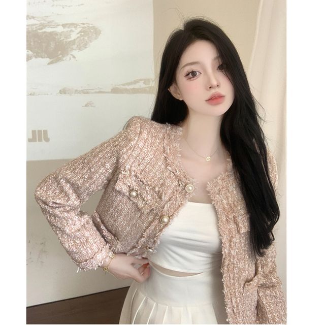NENE-Plaid Fringed Trim Cropped Single-Breasted Jacket