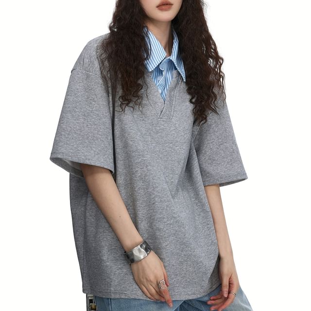 Samso-Short Sleeve Collared Striped Mock Two Piece Top