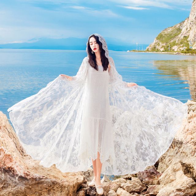 Lydiah Spaghetti Strap Midi A-Line Lace Dress Hooded Cape