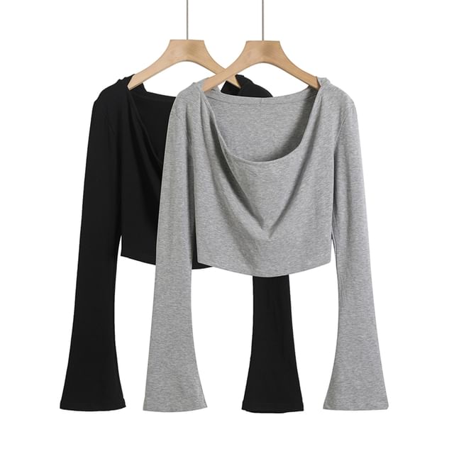 Ulark-Long-Sleeve Square-Neck Plain Crop Top
