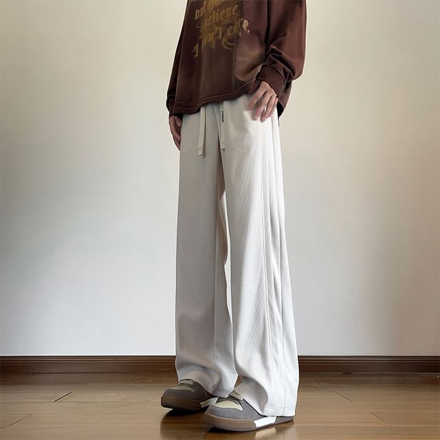 Obikan-Drawstring Waist Plain Ribbed Loose Fit Pants