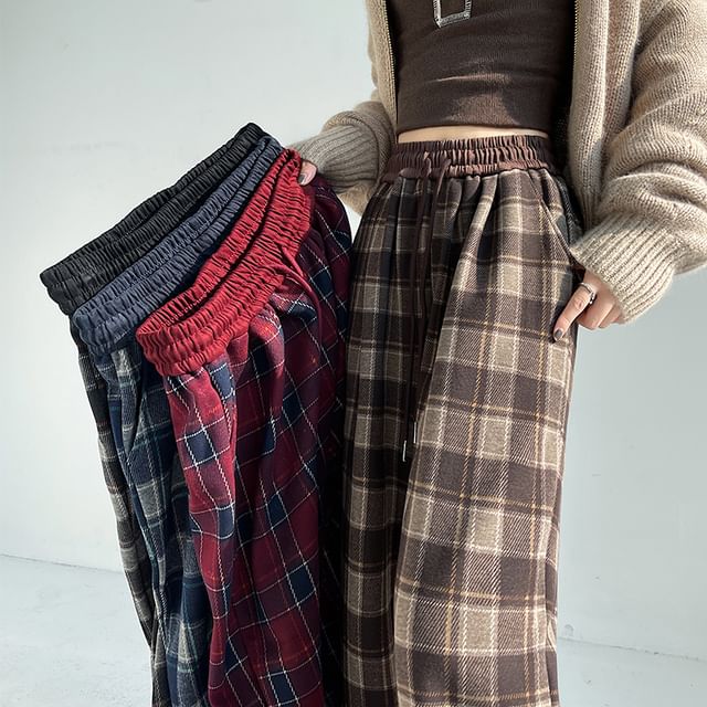 Magimomo-Drawstring Waist Plaid Baggy Pants