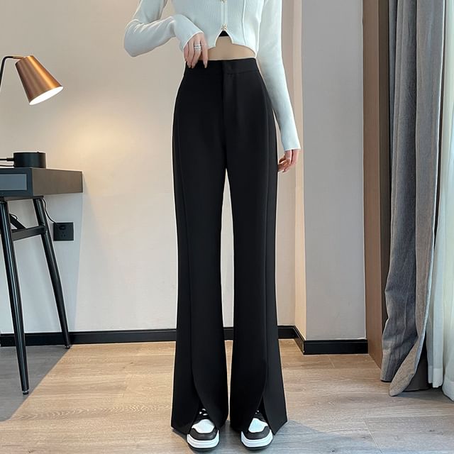 Jaqmine-High Waist Plain Front-Slit Flared Pants Various Designs