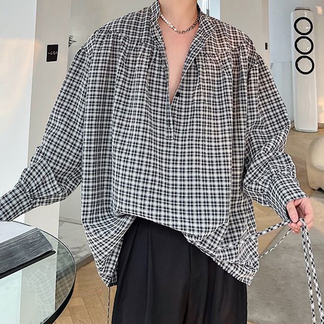 Omozando - Henley Plaid Shirt | YesStyle