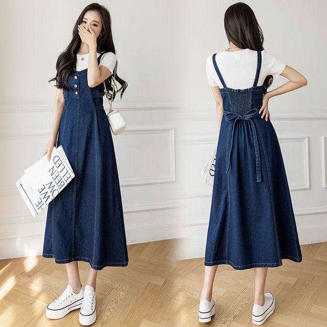Kira Kira Plain Denim Midi A-Line Overall Dress YesStyle