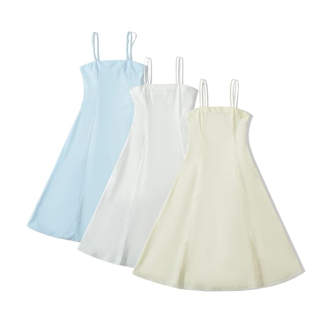 Ulark-Spaghetti Strap Plain Midi A-Line Dress