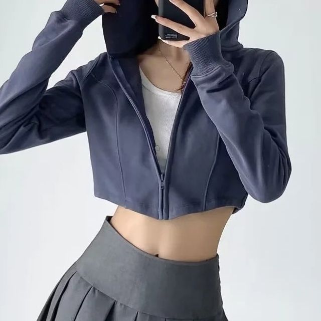 Puffie Long Sleeve Plain Crop ZipUp Jacket YesStyle