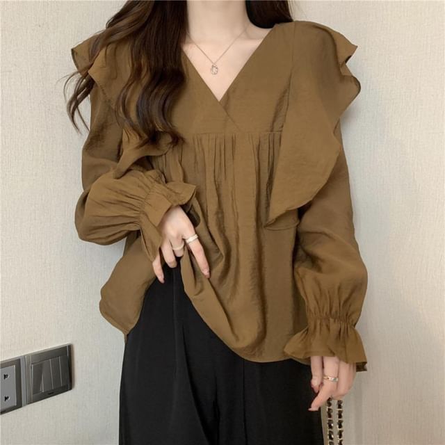Sisyphi-Long Sleeve V-Neck Plain Ruffle Trim Blouse