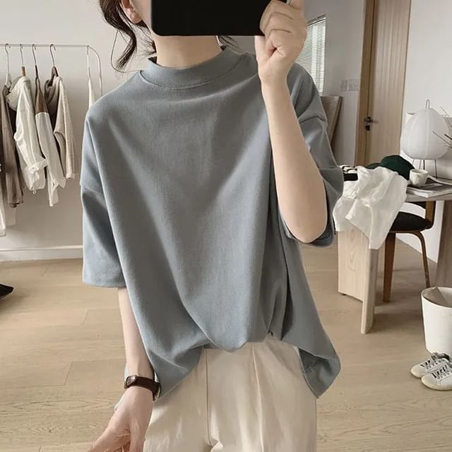 Lewwe-Short-Sleeve High Neck Plain T-Shirt