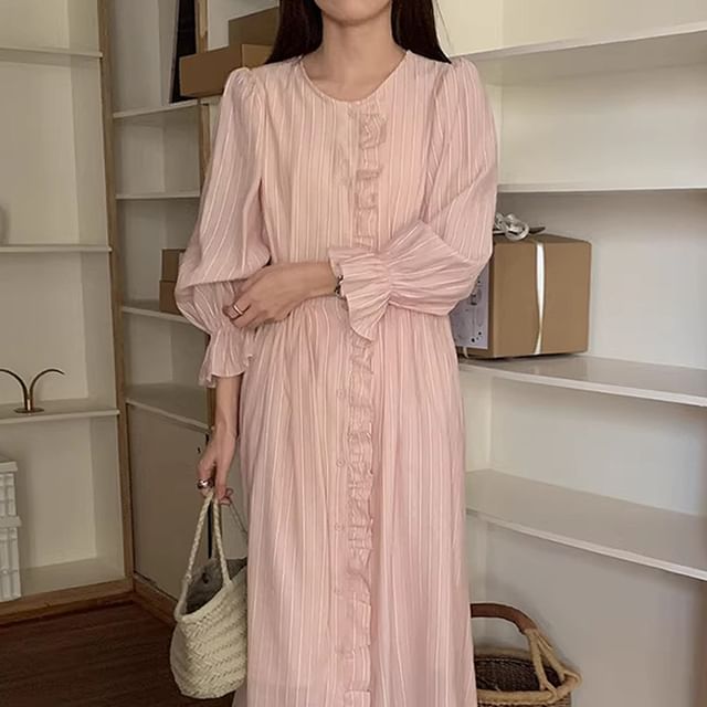 Coris-Puff-Sleeve Striped Ruffle Maxi Smock Dress