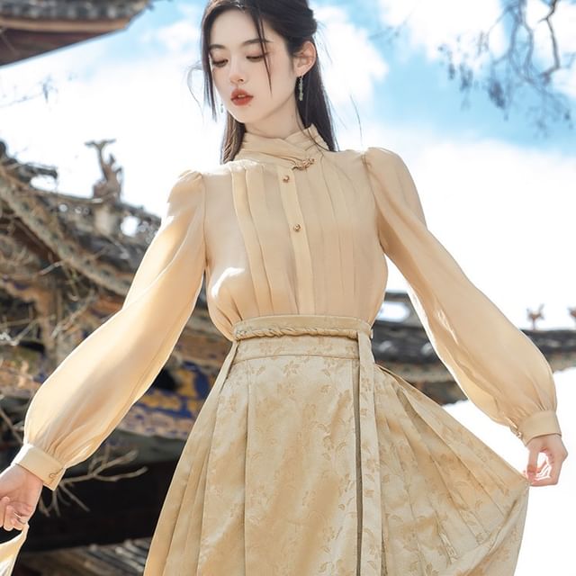 Cocaliso Set: Long-Sleeve Stand Collar Plain Blouse High Waist