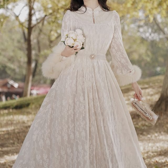 Nebbia - Long Sleeve Mandarin Collar Plain Fluffy Trim Lace Maxi A-Line  Dress / Faux Pearl Belt / Set | YesStyle