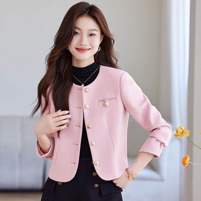 Skyheart-Plain Ribbed Single-Breasted Jacket
