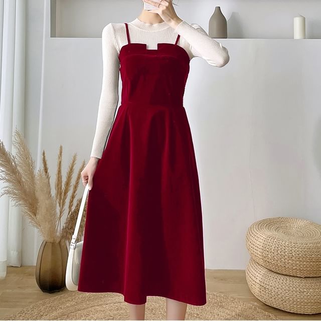 Yupina - Long-Sleeve Plain Knit Top / Velvet Spaghetti-Strap Dress (Various Designs)