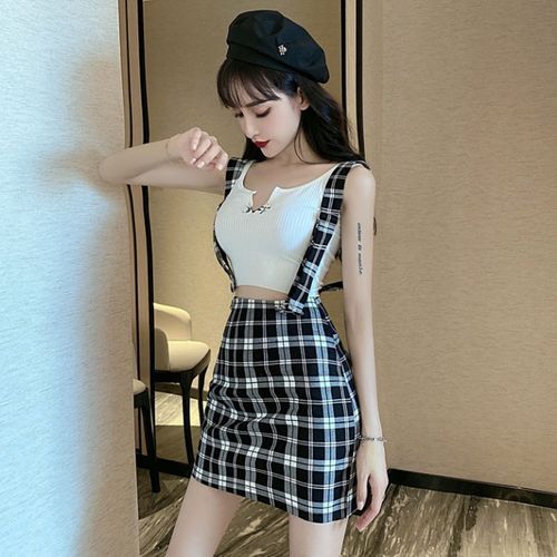 Gelbes Tank Top Plaid Mini Fitted Suspender Skirt Set YesStyle
