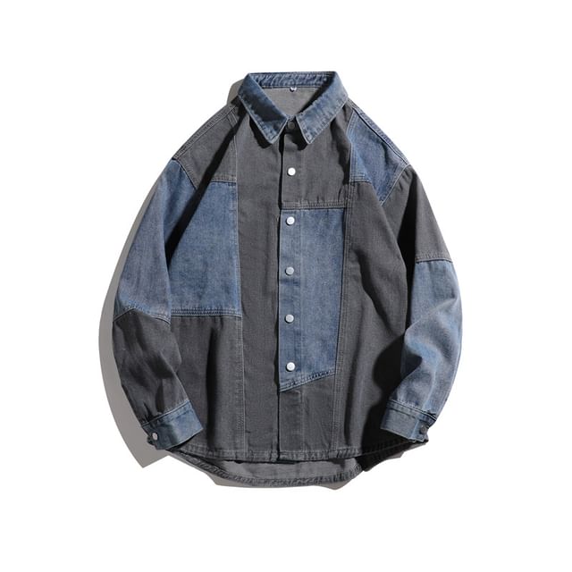 Phoneus-Long Sleeve Collared Washed Patchwork Denim Shirt