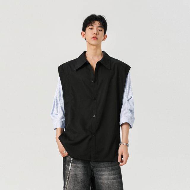 YERGO-Elbow-Sleeve Plain Striped Panel Shirt