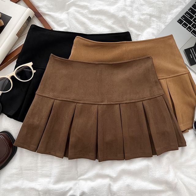 DIYI-High Waist Plain Pleated Mini A-Line Skirt