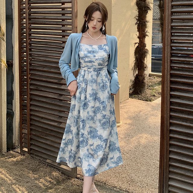 pinkjacie Spaghetti Strap Floral Midi A-Line Dress Plain Crop