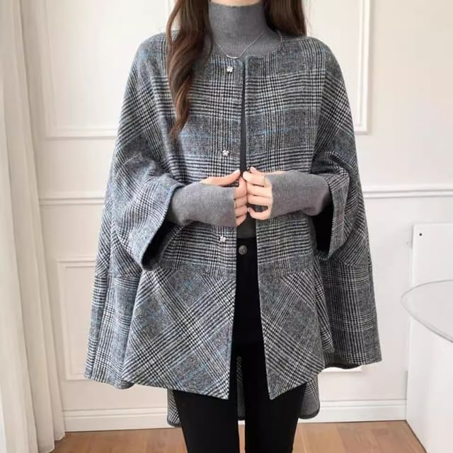 MIKIGA-Flared-Sleeve Plaid Single-Breasted Jacket