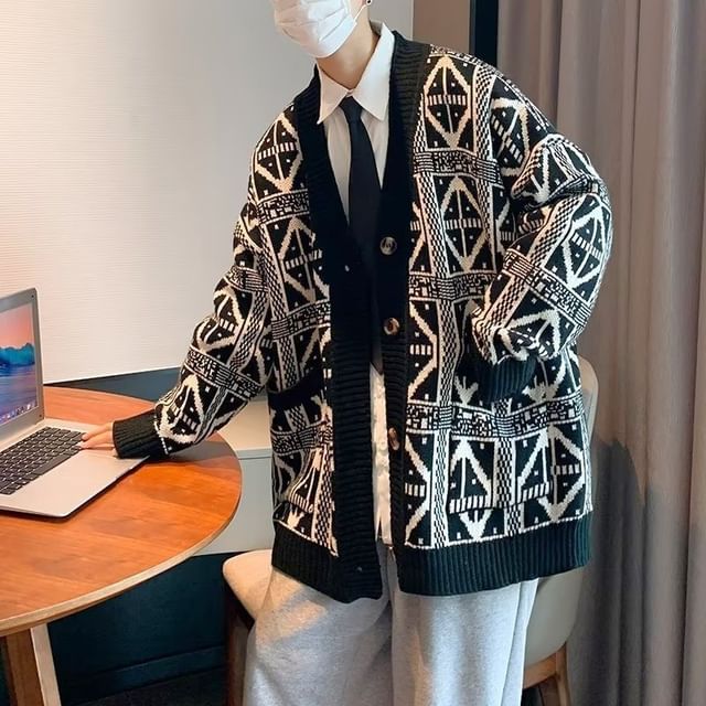 Urtishia-V-Neck Patterned Contrast Trim Button-Up Cardigan