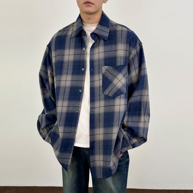 DragonRoad-Long Sleeve Collared Plaid Shirt