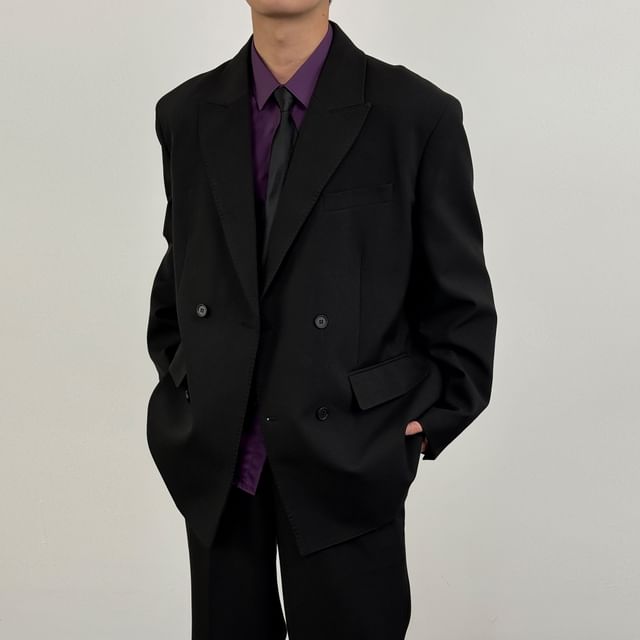 DragonRoad-Peak Lapel Plain Double Breasted Blazer