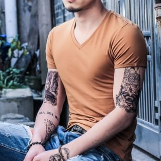 Acrius-Short Sleeve V-Neck Striped T-Shirt