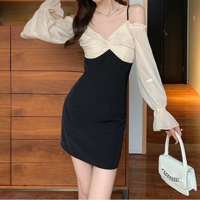 Glacia - Long-Sleeve Two Tone Mini Dress | YesStyle