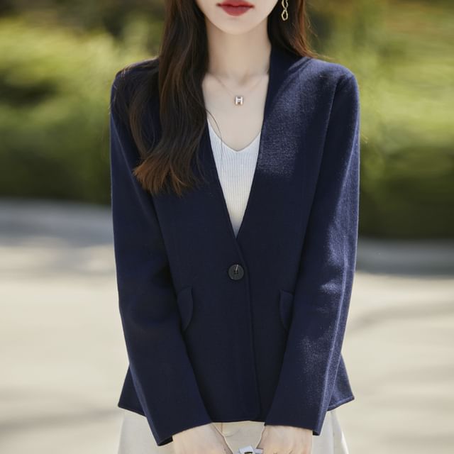Weelop-V-Neck One Buttoned Plain Blazer