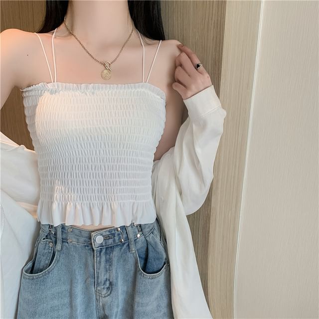 Yako-Plain Smocked Crop Cami Top