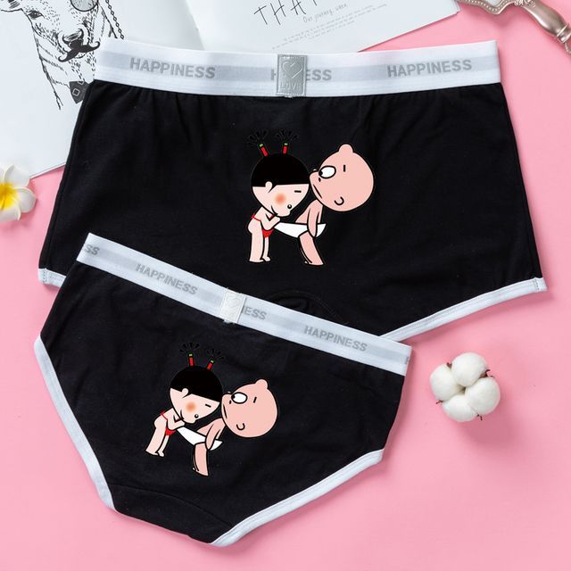 2 Pcs Couple Underwear Women Panties Cute Cartoon Piggy Printed Lace Couple  Underwear Set
