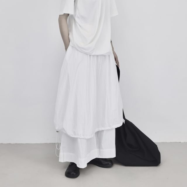SIMPLE BLACK-Elastic Waist Plain Skirt Overlay Drawstring Wide Leg Pants