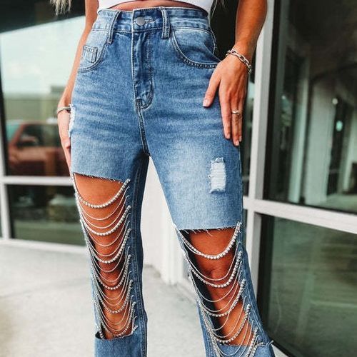 Mid Waist Ripped Rhinestone Chain Accent Loose Fit Jeans