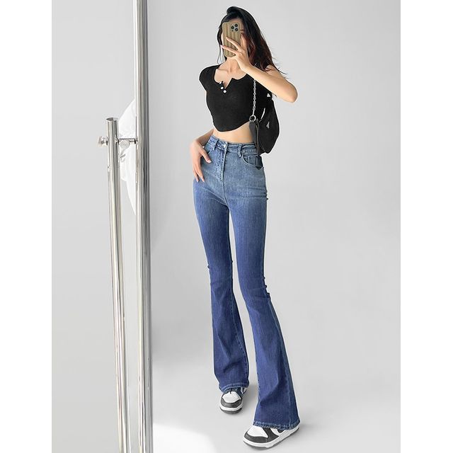 Women's Fashion Slim Gradient Jeans Casual Fringed Flared Pants Straight  Button Low-Rise Jeans Size XS-4XL