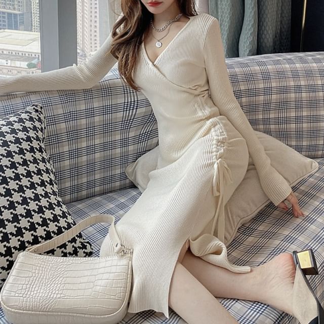 Yilda-Long-Sleeve V-Neck Plain Drawstring Slit Ribbed Midi Sheath Knit Dress