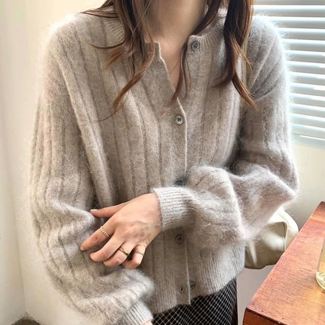 Yako-Puff-Sleeve Plain Ribbed Cardigan